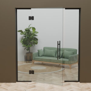 Dubbele glazen pendeldeur met twee vaste zijlichten en zwarte scharnieren