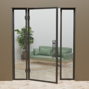 Industriële glazen pendeldeur met zwart kader, scharnierend op glas, inclusief zijlichten.